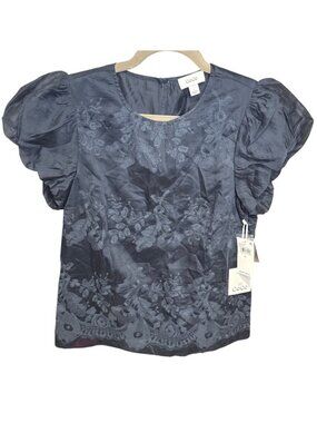 NWT CeCe Cest La Vie Night Shade Embroidered Puff Sleeve Blouse S MSRP $69